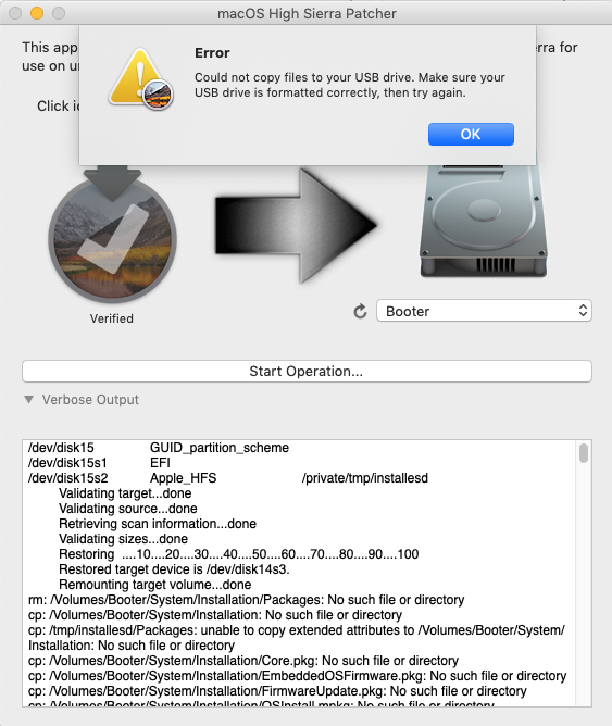 Resolving macOS High Sierra Patcher “Could not copy files to your USB drive.” errors in Mojave. –